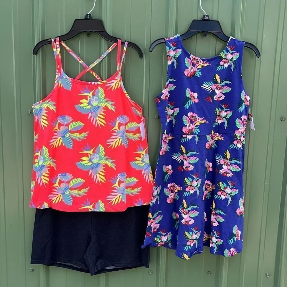 GIRLS Sleeveless Tropical Print Pullover Dress Tank & Shorts Size XL 14/16